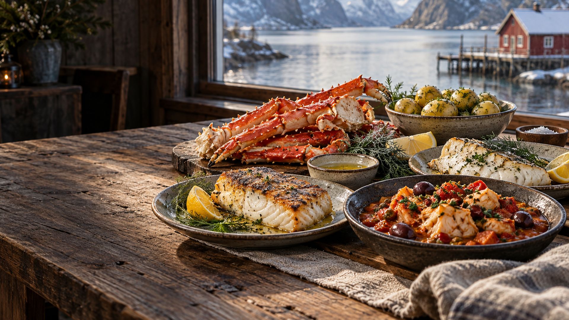 Stekt kveite, kongekrabbe, bacalao og torsk på et trebord ved et vindu med utsikt mot fjorden